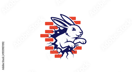 A white rabbit emerging from a broken brick wall, on white background