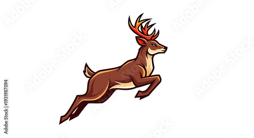 A stylized brown deer leaping gracefully with flaming orange antlers. White backdrop