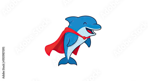 Cartoon dolphin superhero wearing a red cape, smiling.  White background. Stylized design