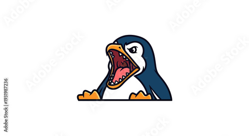 A fierce cartoon penguin with open mouth, displaying sharp teeth, on a white background
