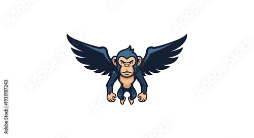 Cartoon chimpanzee with large wings, in a forward stance against white background