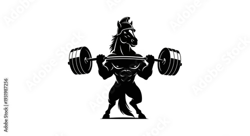 Black silhouette of a muscular horse with a helmet lifting a barbell, white background