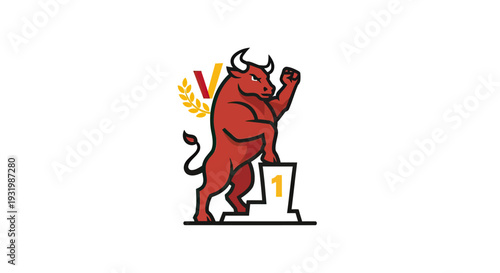 A bold, stylized bull, on a winner's podium, with a laurel wreath and letter V