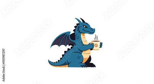 A friendly cartoon dragon sits and enjoys a steaming cup of coffee
