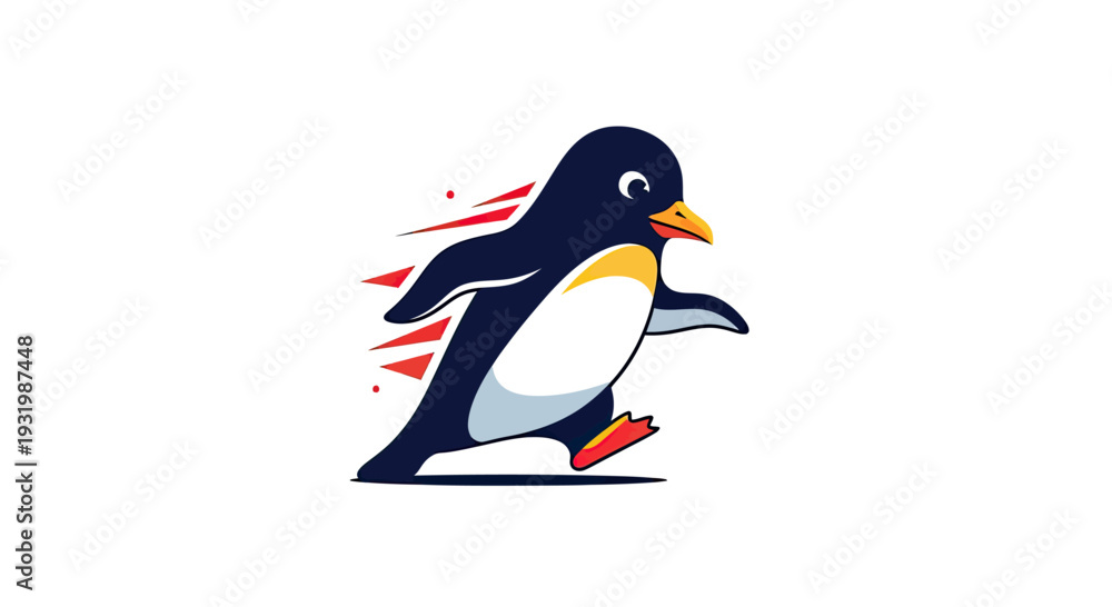 Obraz premium A cartoon penguin, mid-stride, with speed lines and a stylized design on a white background