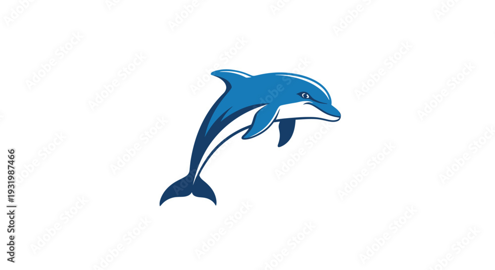 Fototapeta premium Blue dolphin leaping against white. Simple, graphic illustration with highlights and a dark outline
