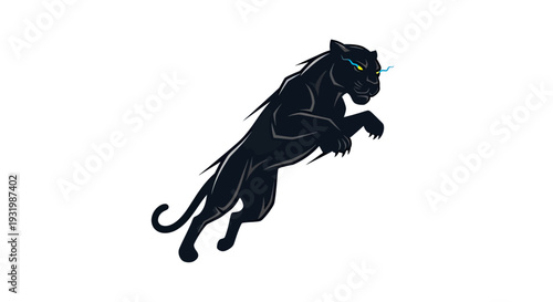 A stylized black panther with yellow eyes and blue energy arcs, leaping against a white background