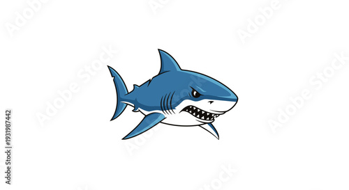 A stylized cartoon illustration of a blue shark with sharp teeth and an angry expression