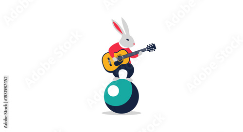 A cartoon rabbit plays a guitar while balancing on a ball. Bright colors on a white background