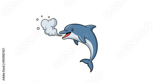 Cartoon dolphin leaping and exhaling bubbles. Illustration depicts marine mammal in a joyful pose