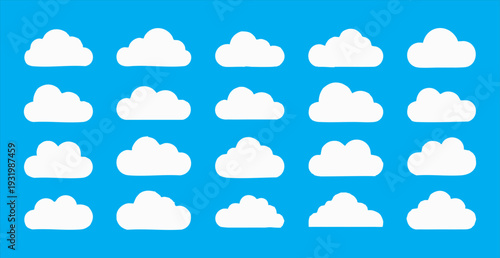 White cartoon clouds isolated on blue background simple fluffy cloud shapes vector illustration