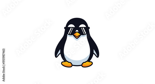 A cartoon penguin with dark sunglasses stands centered on a white background