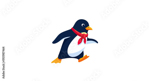 An illustrated penguin wearing a red scarf walks. Cartoon style, white background