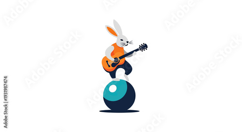 A rabbit plays guitar on a sphere. The bunny wears orange vest and navy pants