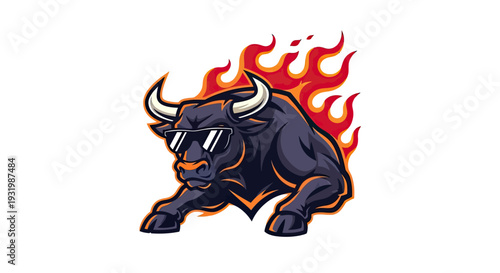A fierce bull mascot sporting shades and flames, poised for action against a white background