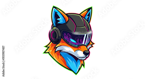 A colorful fox head wearing a futuristic visor, looking toward the viewer