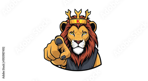 A cartoon lion wearing a crown, pointing finger forward on a white background