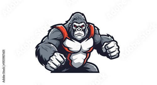 Powerful cartoon gorilla, poised aggressively.  Red eyes, red accents on shoulders, white chest