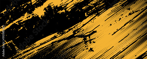 Halftone yellow dots pattern and black gradient grunge texture background. Dotted line comic sport style vector illustration.