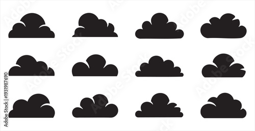 Set of black cloud icons vector illustration, various dark cloud shapes in cartoon style for design