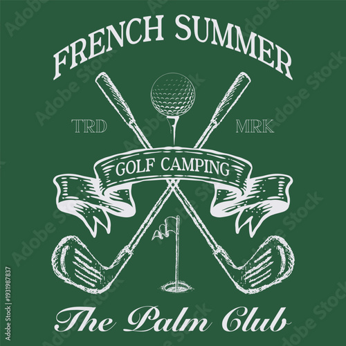 Vintage French Summer Golf Camping T-Shirt Design, Retro The Palm Club Crossed Clubs Illustration, White Sketch Sport Apparel Graphic, Classic Outdoor Leisure Vector for Print on Demand.