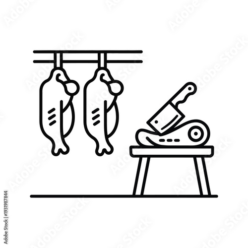 Two whole fish hang from hooks next to a cutting block with a cleaver.