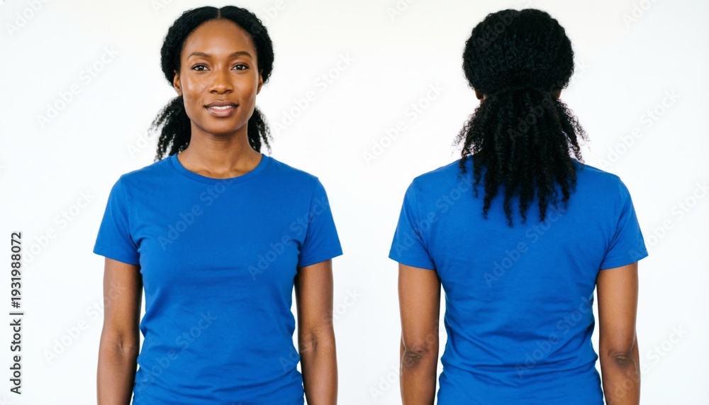 Fototapeta premium Woman Wearing Blue T-Shirt Front and Back View
