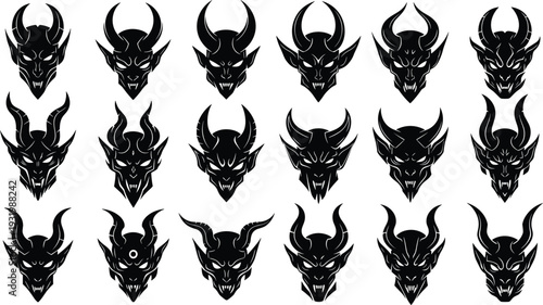 Demon head silhouette collection set, horned devil faces in dark fantasy style isolated on white background vector illustration