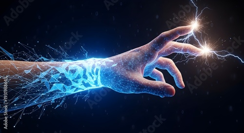 Human hand with glowing blue circuits and lightning spark for innovation