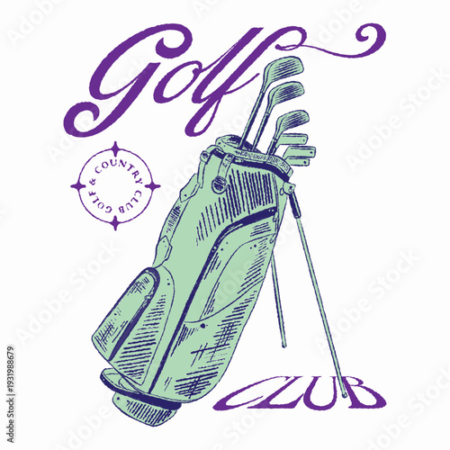 Vintage Golf and Country Club T-Shirt Design, Retro Mint Green Stand Bag Illustration, Purple Script Typography Sport Graphic, Classic Golfing Apparel Vector for Print on Demand.