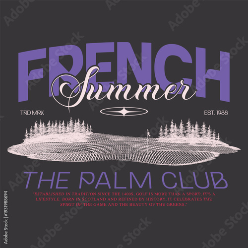 Vintage French Summer Golf T-Shirt Design, Retro The Palm Club EST 1988 Graphic, Pink Golf Course Landscape Illustration, Distressed Luxury Sport Apparel Vector for Streetwear.