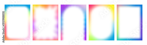 Gradient Color Frames Set. Cute Kid Fun Background. Decorative Blur Transparent Borders with Rainbow Color Gradation. Vector Aura Glow Frames for Y2K Posters, Kid Parties and Holi Festival.