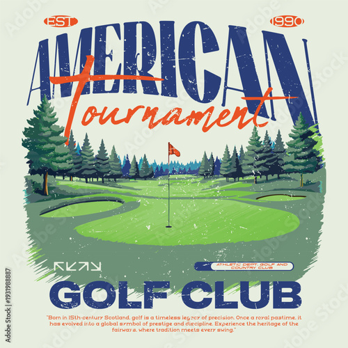 Vintage American Tournament Golf Club T-Shirt Design, Retro 1990 Golf Course Landscape Illustration, Distressed Athletic Apparel Graphic, Country Club Heritage Vector for Print on Demand.