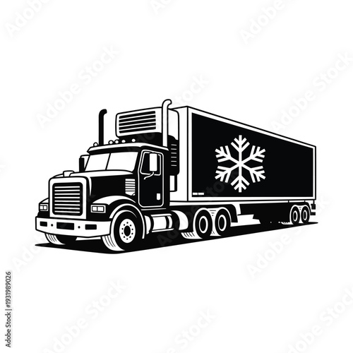 Black and white heavy-duty transport truck carries a refrigerated.