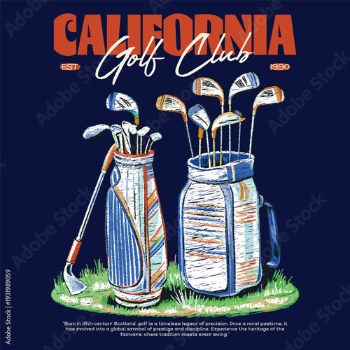 California Golf Club Vintage T-Shirt Design with Golf Bags Illustration, Retro EST 1990 Sport Apparel Graphics, Luxury Golfing Heritage Vector for Print on Demand and Streetwear.