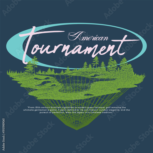 Vintage American Golf Tournament T-Shirt Design with Retro Landscape Illustration, Pine Trees, and Classic Typography on Dark Teal Background for Apparel, Streetwear, and Sportswear Graphic.