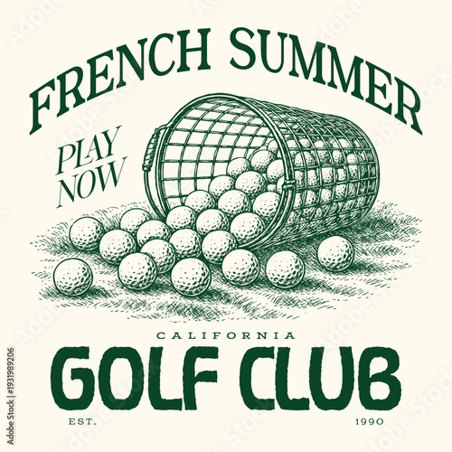 Vintage Golf Club T-Shirt Design with Spilled Golf Balls Basket, Retro Hand-Drawn Vector Illustration in Green Ink. Vintage Retro Golf Player Silhouette for Men's Father's Day T-shirt Vector.