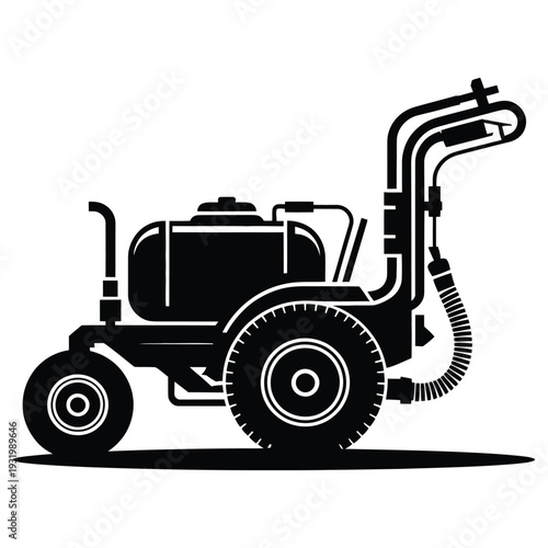 Agriculture Tow-Behind Garden Sprayer Silhouette - Farm Machinery Vector Icon for Herbicide, Pesticide, and Fertilizer Application - Industrial Lawn Care Equipment Illustration