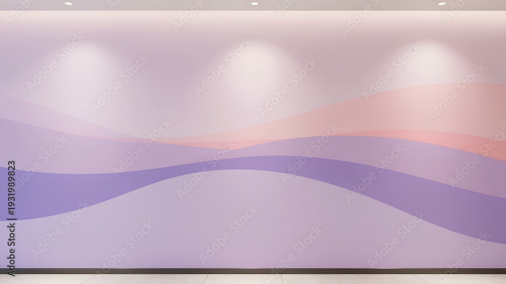 Obraz premium Minimalist Modern Interior Wall with Abstract Purple and Pink Wavy Mural and Spotlight Lighting