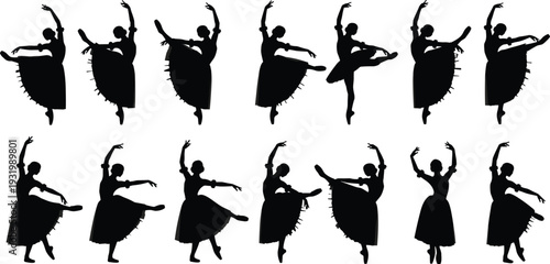 Ballet dancer silhouette collection set, classical ballerina poses in motion isolated on white background vector illustration