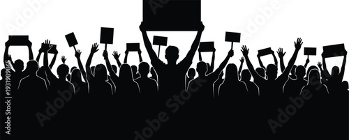 Protest crowd silhouette with raised placards, demonstration rally people holding banners isolated on white background vector illustration