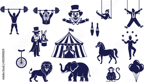 Circus performers and animals silhouette collection, vintage carnival icons with clown magician acrobat tent and strongman vector illustration set isolated