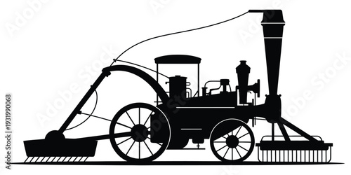 Vintage Steam Powered Combine Harvester Silhouette - Antique Agriculture Threshing Machine Vector Art Illustration for Farming History and Industrial Revolution Design