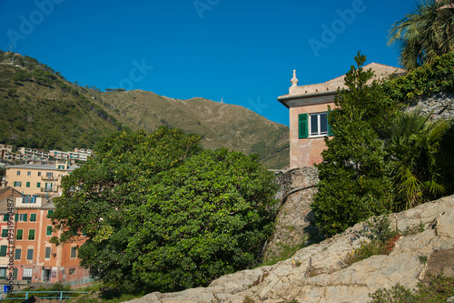 house on mountains, cliffs of the Ligurian coast, Italy