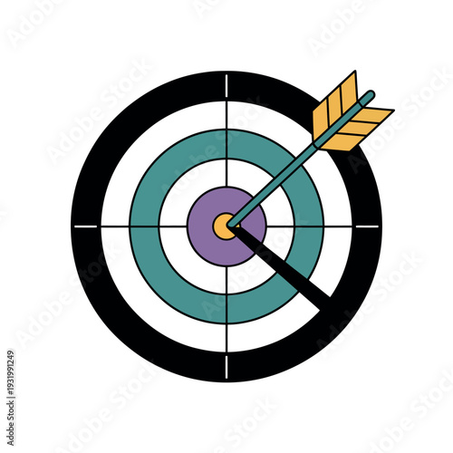 A colorful target with a bullseye and an arrow hitting the center perfectly on a white background