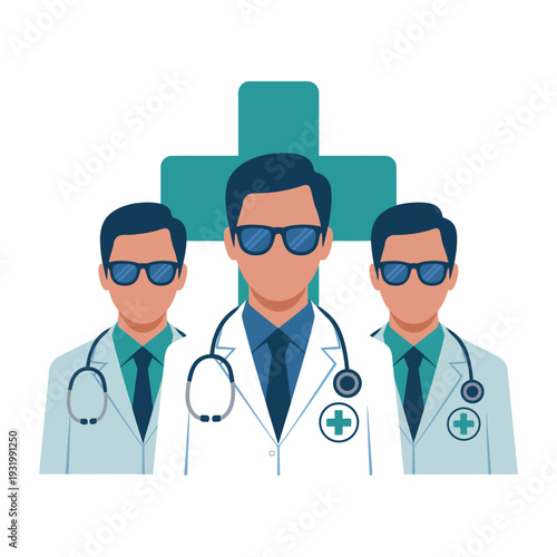 Three doctors wearing sunglasses and white coats standing in front of a green cross symbol