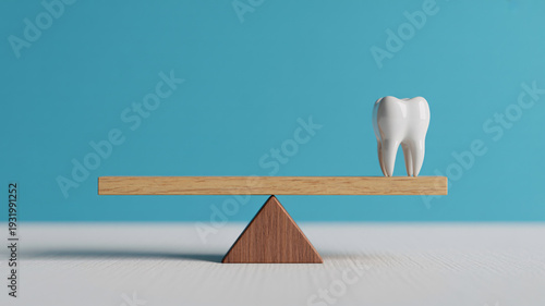 Dental health concept with tooth on wooden balance scale