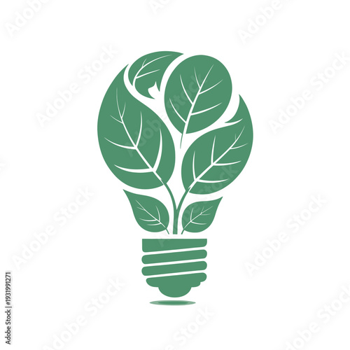 A green light bulb with leaves growing out of it, symbolizing eco-friendly ideas and sustainable living