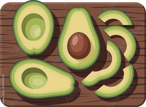 A cartoon illustration of sliced avocados on a wooden cutting board with a brown background