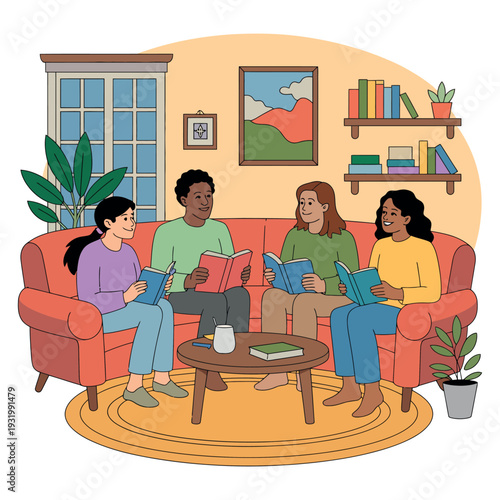 A group of diverse friends reading books together on a couch in a cozy living room setting.